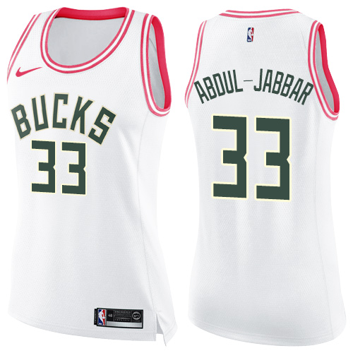 Nike Bucks #33 Kareem Abdul-Jabbar White/Pink Women's NBA Swingman Fashion Jersey