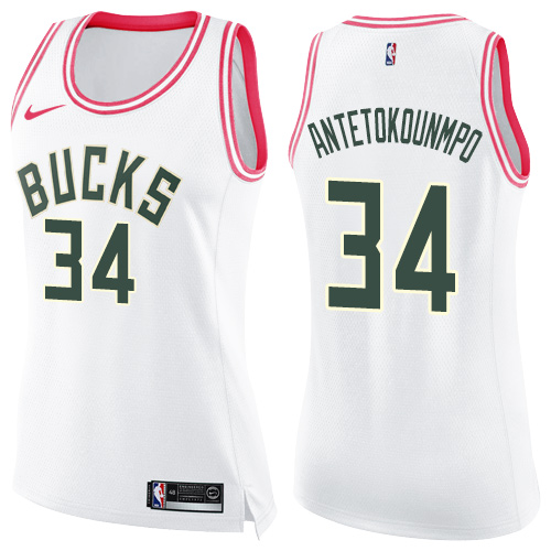 Nike Bucks #34 Giannis Antetokounmpo White/Pink Women's NBA Swingman Fashion Jersey