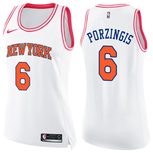 Nike Knicks #6 Kristaps Porzingis White/Pink Women's NBA Swingman Fashion Jersey