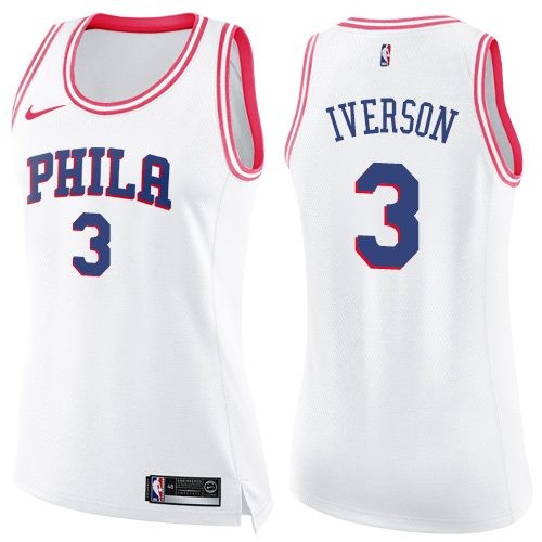 Nike 76ers #3 Allen Iverson White/Pink Women's NBA Swingman Fashion Jersey