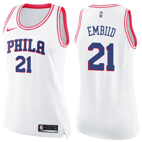 Nike 76ers #21 Joel Embiid White/Pink Women's NBA Swingman Fashion Jersey