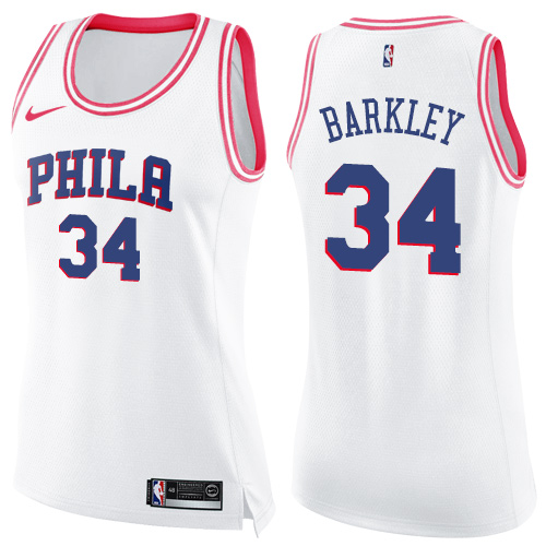 Nike 76ers #34 Charles Barkley White/Pink Women's NBA Swingman Fashion Jersey