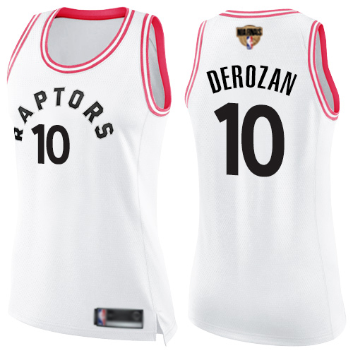 Raptors #10 DeMar DeRozan White/Pink 2019 Finals Bound Women's Basketball Swingman Fashion Jersey - Click Image to Close