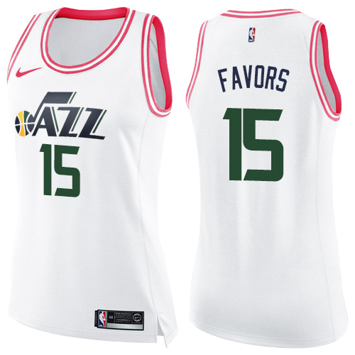 Nike Jazz #15 Derrick Favors White/Pink Women's NBA Swingman Fashion Jersey