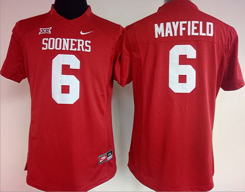 Sooners #6 Baker Mayfield Red Women's Stitched NCAA Jersey - Click Image to Close