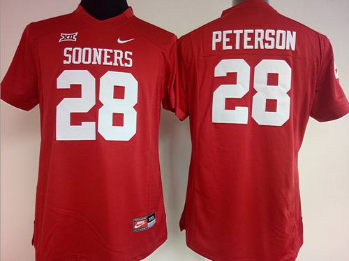 Sooners #28 Adrian Peterson Red Women's Stitched NCAA Jersey - Click Image to Close