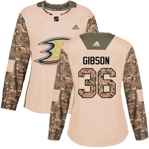 Adidas Ducks #36 John Gibson Camo Authentic 2017 Veterans Day Women's Stitched NHL Jersey