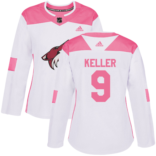 Adidas Coyotes #9 Clayton Keller White/Pink Authentic Fashion Women's Stitched NHL Jersey - Click Image to Close