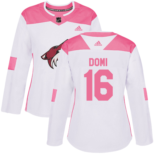 Adidas Coyotes #16 Max Domi White/Pink Authentic Fashion Women's Stitched NHL Jersey - Click Image to Close