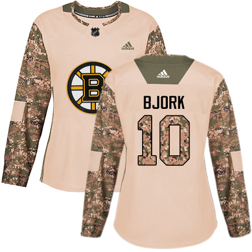 Adidas Bruins #10 Anders Bjork Camo Authentic 2017 Veterans Day Women's Stitched NHL Jersey