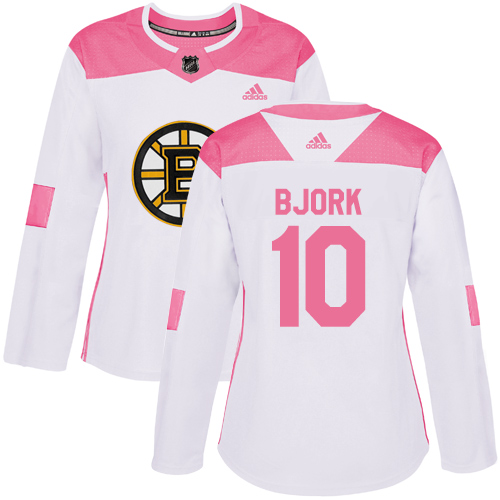 Adidas Bruins #10 Anders Bjork White/Pink Authentic Fashion Women's Stitched NHL Jersey - Click Image to Close