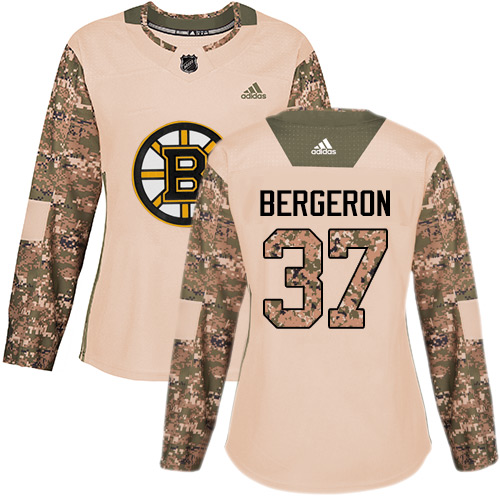 Adidas Bruins #37 Patrice Bergeron Camo Authentic 2017 Veterans Day Women's Stitched NHL Jersey