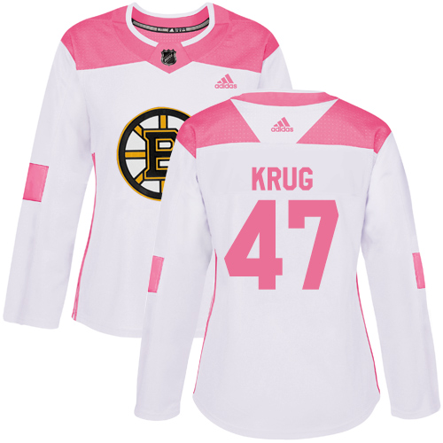 Adidas Bruins #47 Torey Krug White/Pink Authentic Fashion Women's Stitched NHL Jersey - Click Image to Close