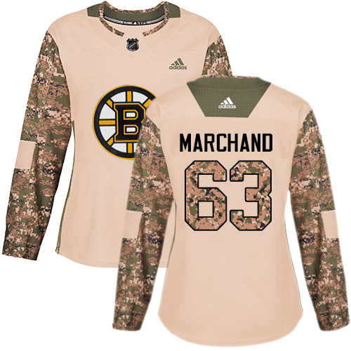 Adidas Bruins #63 Brad Marchand Camo Authentic 2017 Veterans Day Women's Stitched NHL Jersey - Click Image to Close