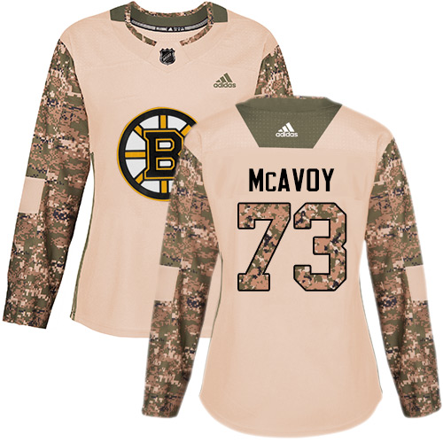 Adidas Bruins #73 Charlie McAvoy Camo Authentic 2017 Veterans Day Women's Stitched NHL Jersey