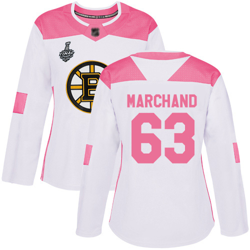 Bruins #63 Brad Marchand White/Pink Authentic Fashion Stanley Cup Final Bound Women's Stitched Hockey Jersey - Click Image to Close