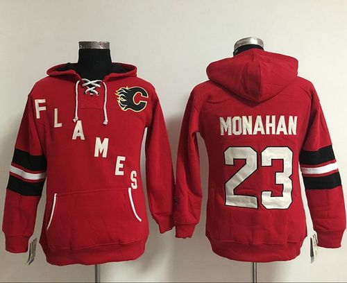 Calgary Flames #23 Sean Monahan Red Women's Old Time Heidi NHL Hoodie - Click Image to Close