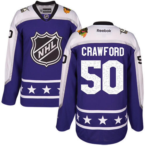 Blackhawks #50 Corey Crawford Purple 2017 All-Star Central Division Women's Stitched NHL Jersey - Click Image to Close