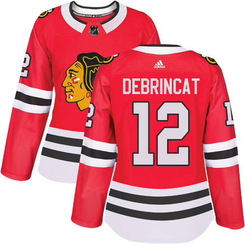 Adidas Blackhawks #12 Alex DeBrincat Red Home Authentic Women's Stitched NHL Jersey - Click Image to Close