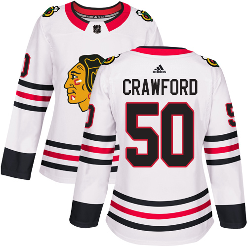 Adidas Blackhawks #50 Corey Crawford White Road Authentic Women's Stitched NHL Jersey - Click Image to Close