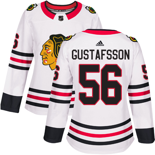 Adidas Blackhawks #56 Erik Gustafsson White Road Authentic Women's Stitched NHL Jersey - Click Image to Close