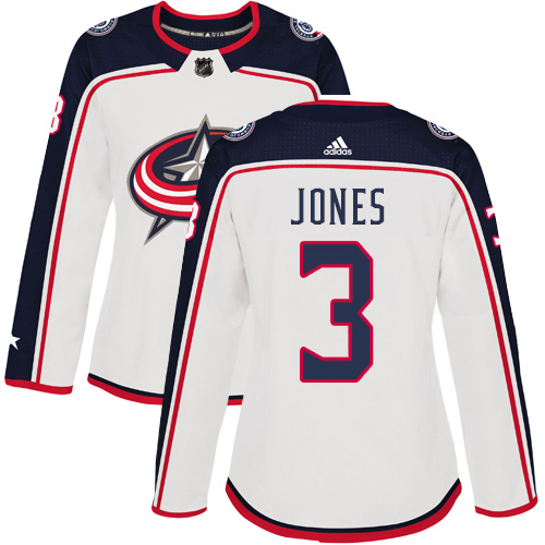 Adidas Blue Jackets #3 Seth Jones White Road Authentic Women's Stitched NHL Jersey - Click Image to Close