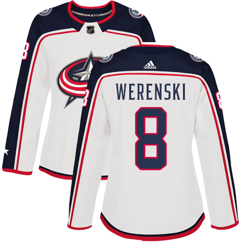 Adidas Blue Jackets #8 Zach Werenski White Road Authentic Women's Stitched NHL Jersey - Click Image to Close