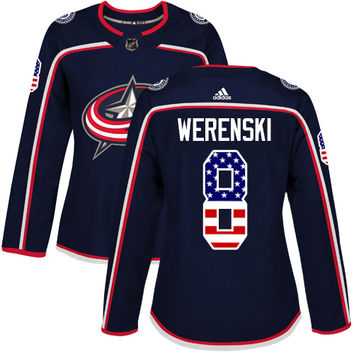 Adidas Blue Jackets #8 Zach Werenski Navy Blue Home Authentic USA Flag Women's Stitched NHL Jersey