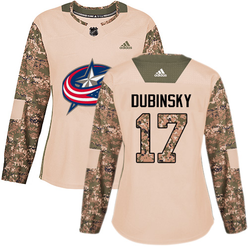 Adidas Blue Jackets #17 Brandon Dubinsky Camo Authentic 2017 Veterans Day Women's Stitched NHL Jersey - Click Image to Close