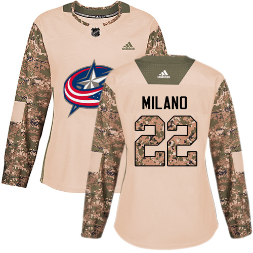 Adidas Blue Jackets #22 Sonny Milano Camo Authentic 2017 Veterans Day Women's Stitched NHL Jersey