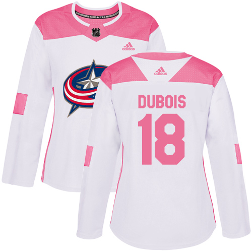 Adidas Blue Jackets #18 Pierre-Luc Dubois White/Pink Authentic Fashion Women's Stitched NHL Jersey - Click Image to Close