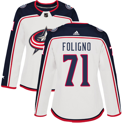 Adidas Blue Jackets #71 Nick Foligno White Road Authentic Women's Stitched NHL Jersey