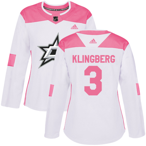 Adidas Stars #3 John Klingberg White/Pink Authentic Fashion Women's Stitched NHL Jersey - Click Image to Close