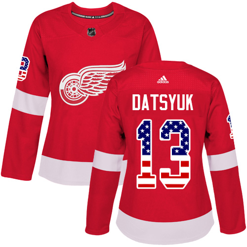 Adidas Red Wings #13 Pavel Datsyuk Red Home Authentic USA Flag Women's Stitched NHL Jersey - Click Image to Close