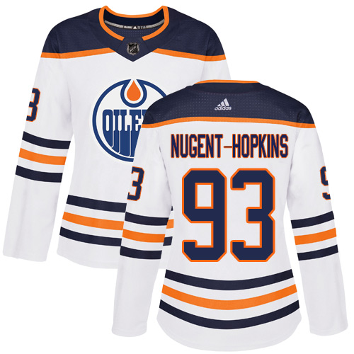 Adidas Oilers #93 Ryan Nugent-Hopkins White Road Authentic Women's Stitched NHL Jersey - Click Image to Close