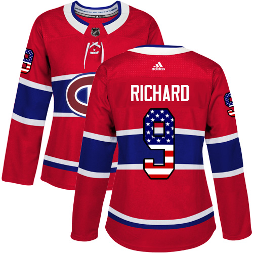 Adidas Canadiens #9 Maurice Richard Red Home Authentic USA Flag Women's Stitched NHL Jersey