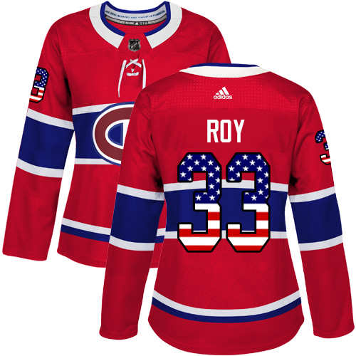 Adidas Canadiens #33 Patrick Roy Red Home Authentic USA Flag Women's Stitched NHL Jersey