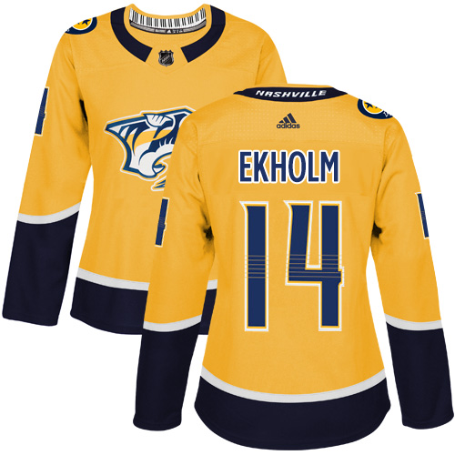 Adidas Predators #14 Mattias Ekholm Yellow Home Authentic Women's Stitched NHL Jersey - Click Image to Close