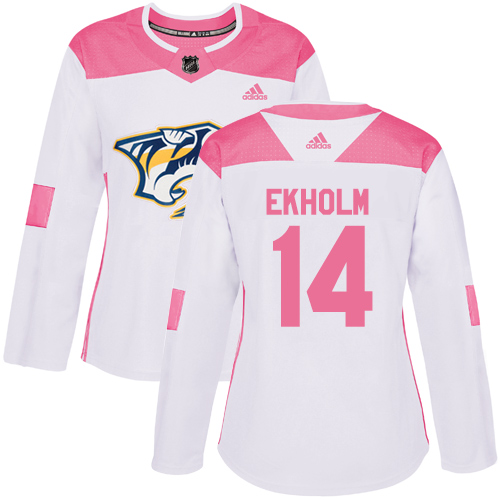 Adidas Predators #14 Mattias Ekholm White/Pink Authentic Fashion Women's Stitched NHL Jersey - Click Image to Close