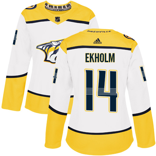 Adidas Predators #14 Mattias Ekholm White Road Authentic Women's Stitched NHL Jersey