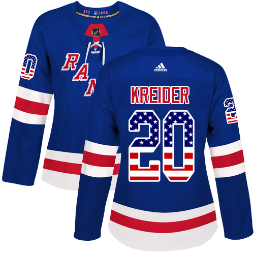 Adidas Rangers #20 Chris Kreider Royal Blue Home Authentic USA Flag Women's Stitched NHL Jersey - Click Image to Close