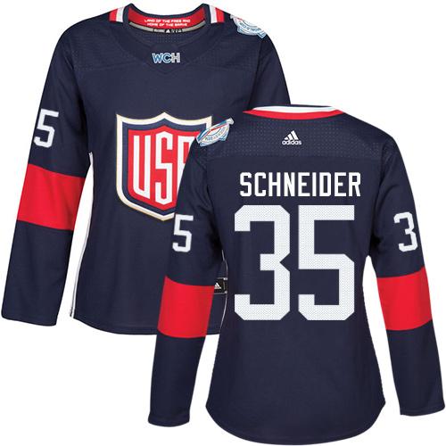 Team USA #35 Cory Schneider Navy Blue 2016 World Cup Women's Stitched NHL Jersey - Click Image to Close