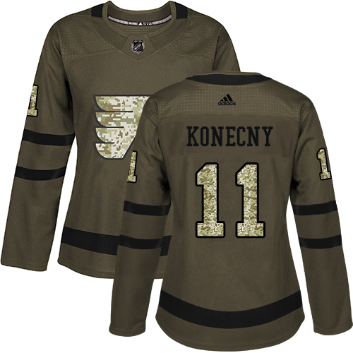 Adidas Flyers #11 Travis Konecny Green Salute to Service Women's Stitched NHL Jersey