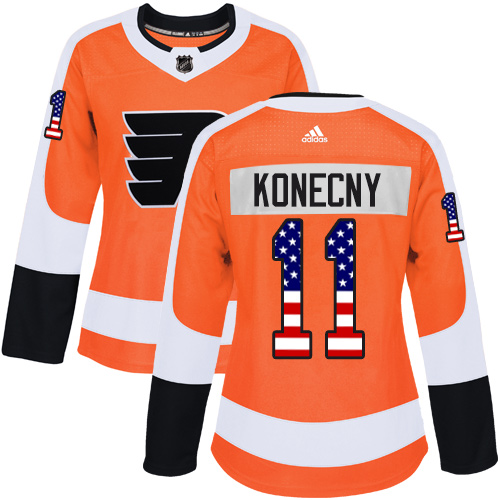 Adidas Flyers #11 Travis Konecny Orange Home Authentic USA Flag Women's Stitched NHL Jersey