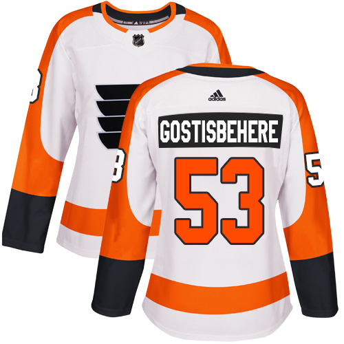 Adidas Flyers #53 Shayne Gostisbehere White Road Authentic Women's Stitched NHL Jersey - Click Image to Close