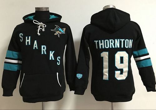 San Jose Sharks #19 Joe Thornton Black Women's Old Time Heidi NHL Hoodie