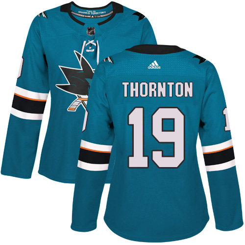 Adidas Sharks #19 Joe Thornton Teal Home Authentic Women's Stitched NHL Jersey - Click Image to Close