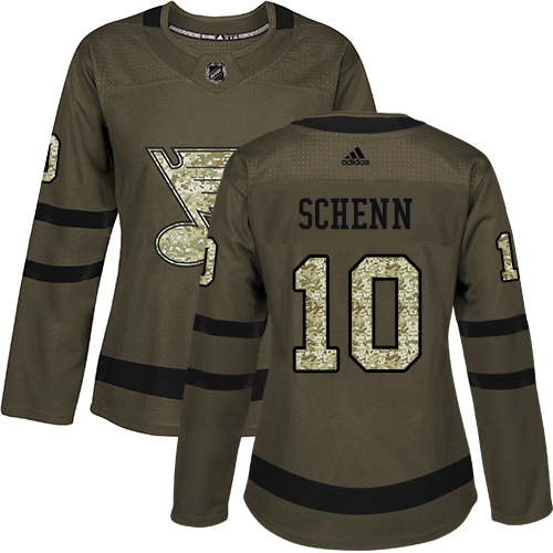 Adidas Blues #10 Brayden Schenn Green Salute to Service Women's Stitched NHL Jersey - Click Image to Close