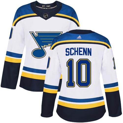 Adidas Blues #10 Brayden Schenn White Road Authentic Women's Stitched NHL Jersey