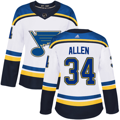 Adidas Blues #34 Jake Allen White Road Authentic Women's Stitched NHL Jersey - Click Image to Close